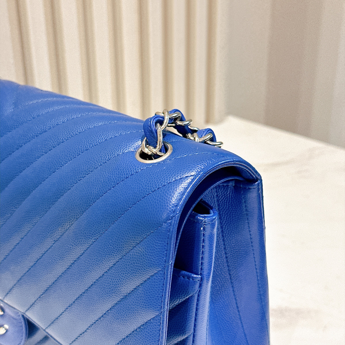 Chanel Jumbo In Blue Chevron Caviar SHW