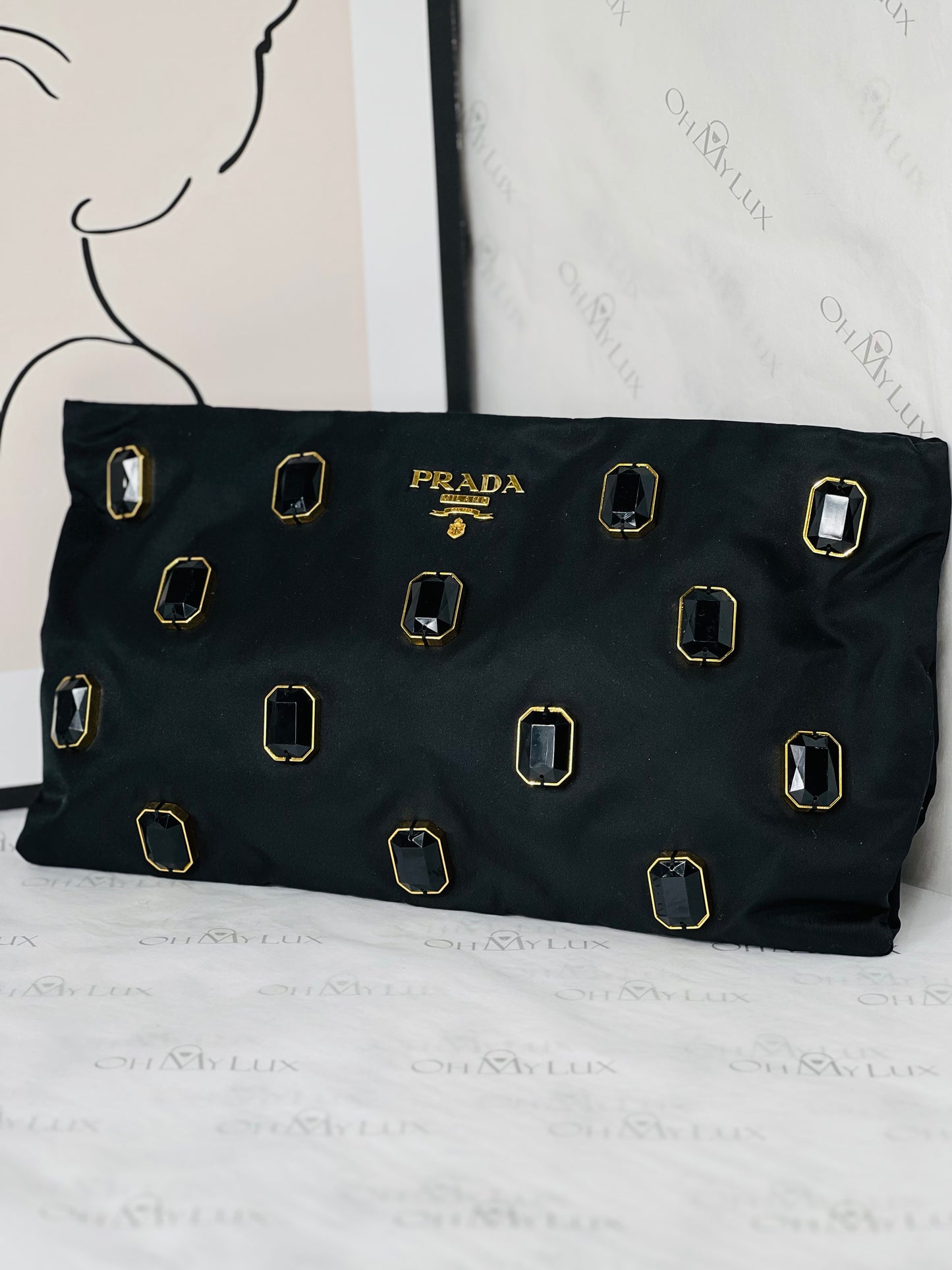 Prada Tessuto Nylon Pietre Jeweled Clutch
