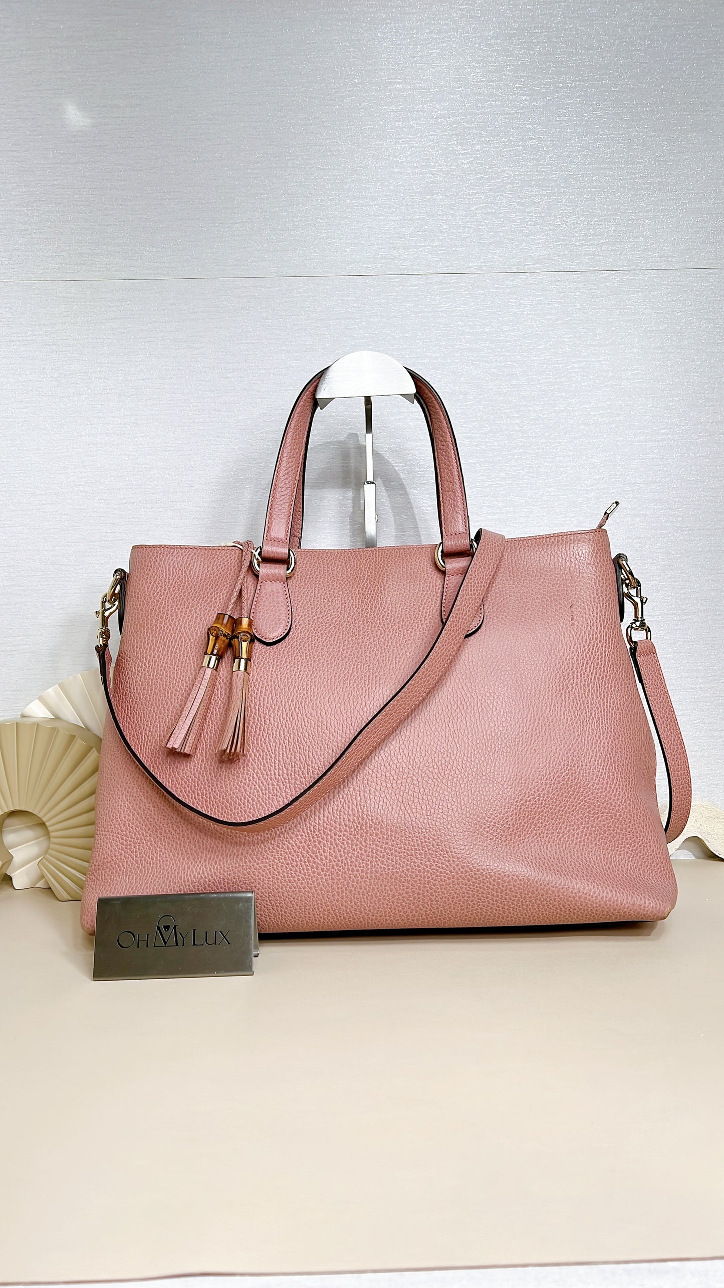 Gucci Bamboo Tassel Calfskin Top Handle Bag Soft Pink