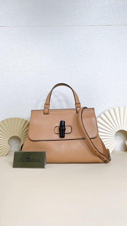Gucci Bamboo Daily Leather Satchel In Beige