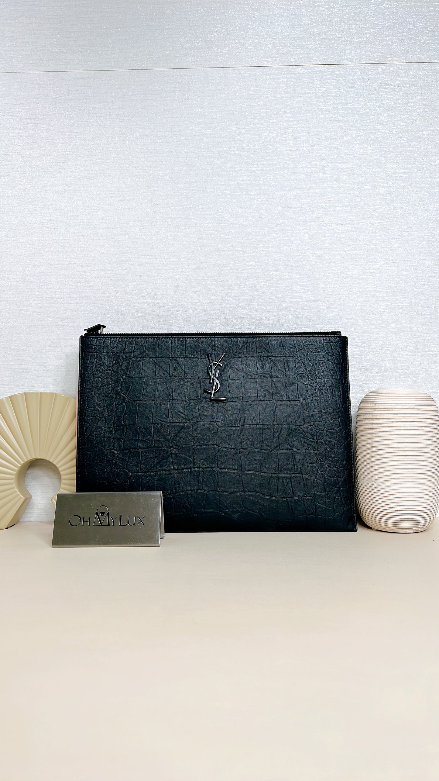 YSL Cassandre Black Crocodile Embossed Zip Pouch