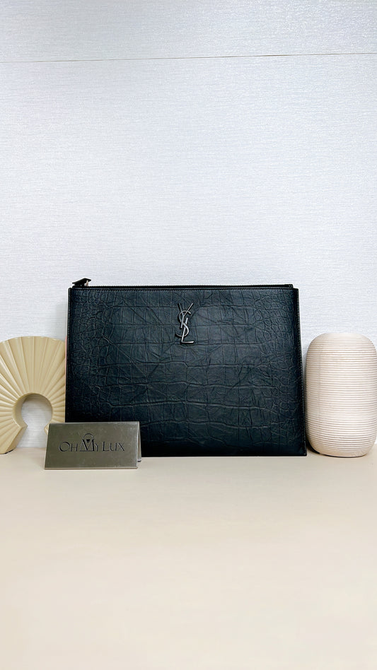 YSL Cassandre Black Crocodile Embossed Zip Pouch