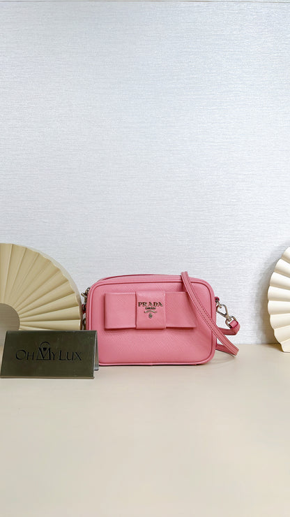 Prada Saffiano Fiocco Bow Camera Crossbody Bag in Pink