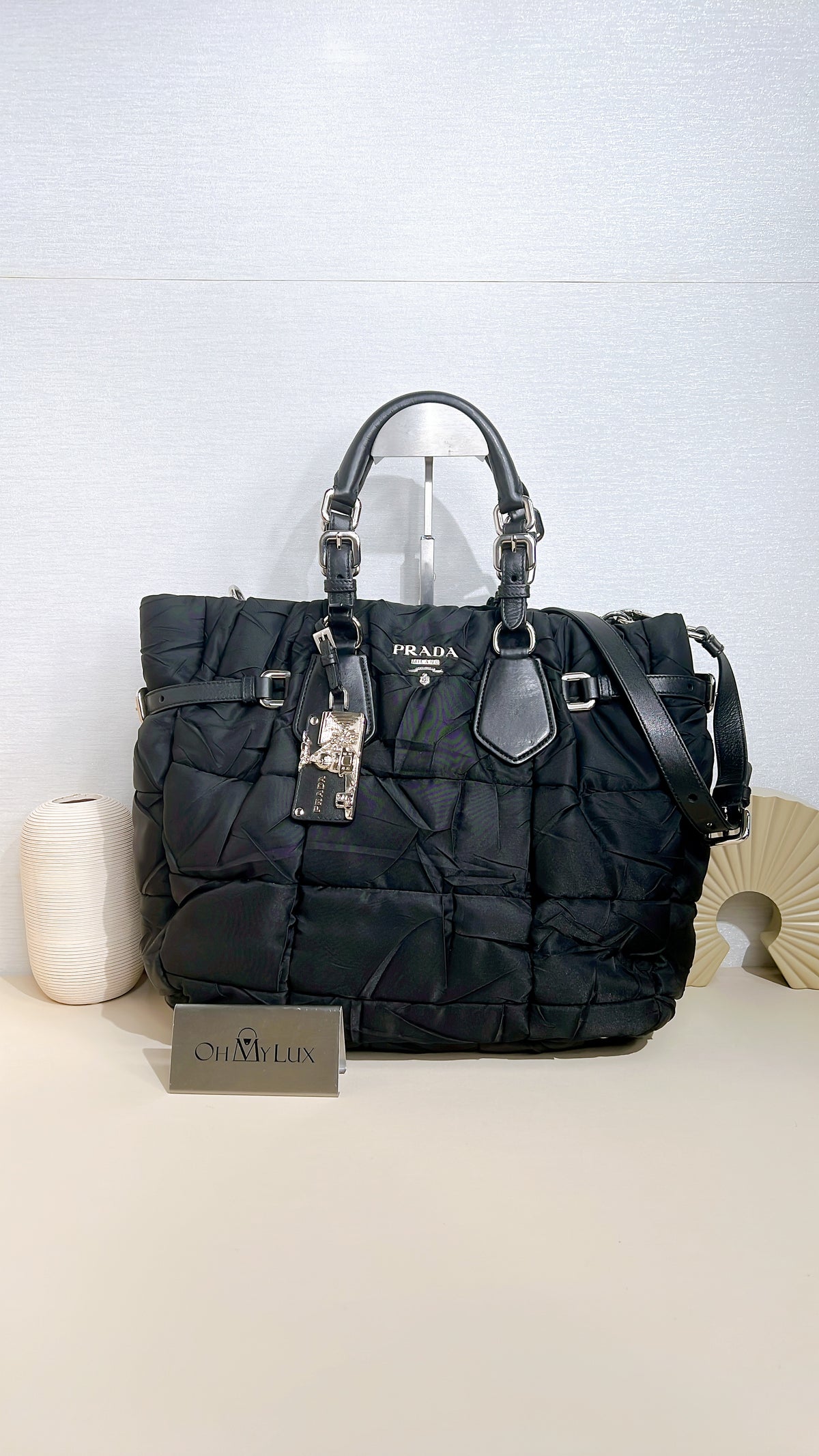 Prada Crispy Nylon Metal Shopping Tote In Black