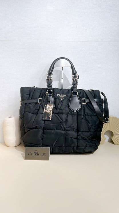 Prada Crispy Nylon Metal Shopping Tote In Black