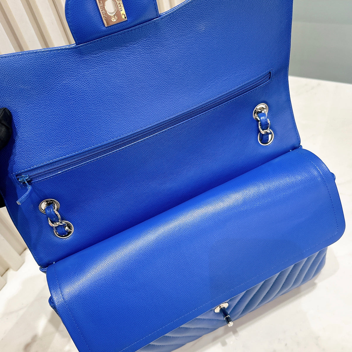 Chanel Jumbo In Blue Chevron Caviar SHW