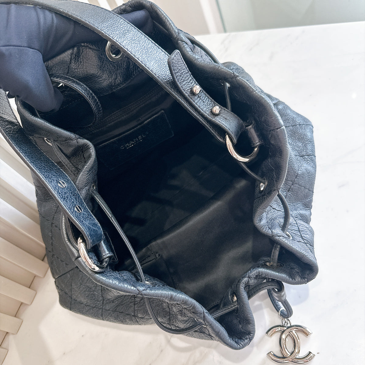 Chanel Glazed Calfskin On The Road Drawstring Bucket Bag