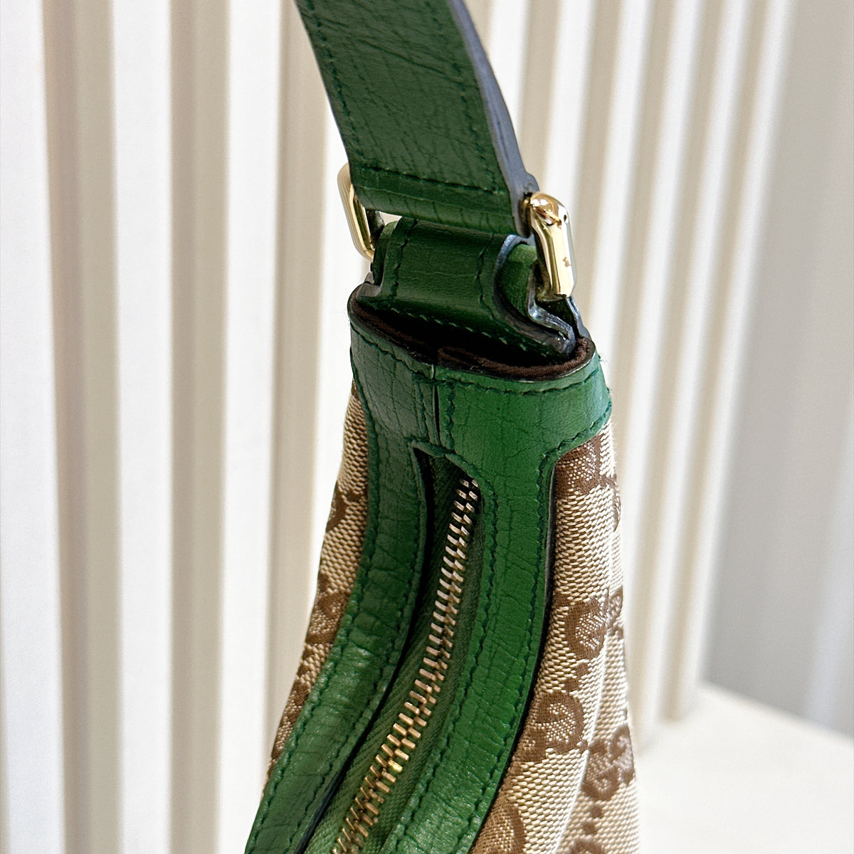 Gucci GG Canvas Green Web Horsebit Chain Large Hobo Bag