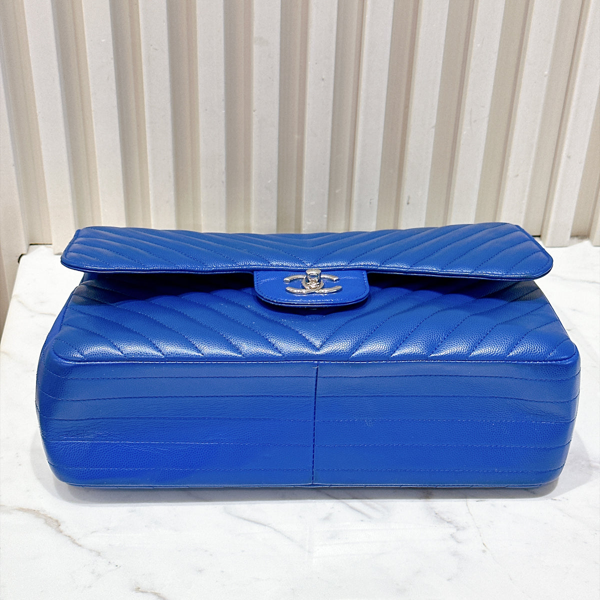 Chanel Jumbo In Blue Chevron Caviar SHW