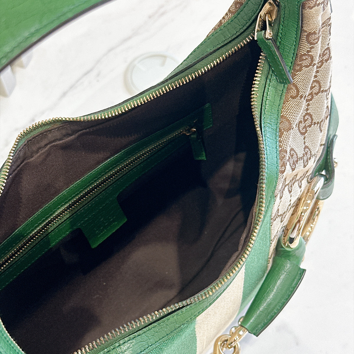 Gucci GG Canvas Green Web Horsebit Chain Large Hobo Bag