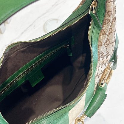 Gucci GG Canvas Green Web Horsebit Chain Large Hobo Bag