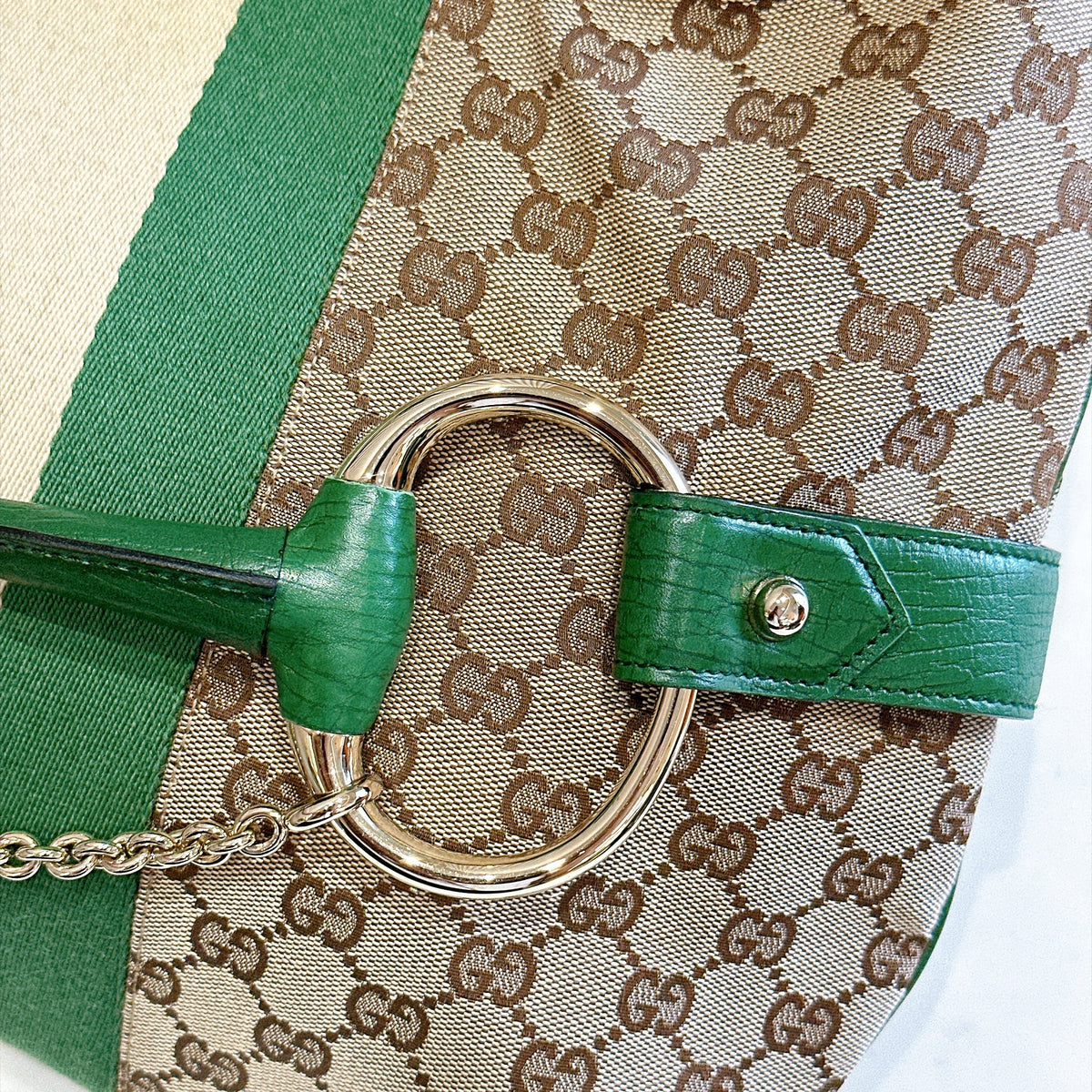 Gucci GG Canvas Green Web Horsebit Chain Large Hobo Bag