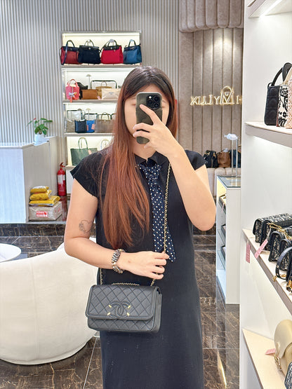 Chanel CC Filigree Black Flap Bag in Caviar GHW