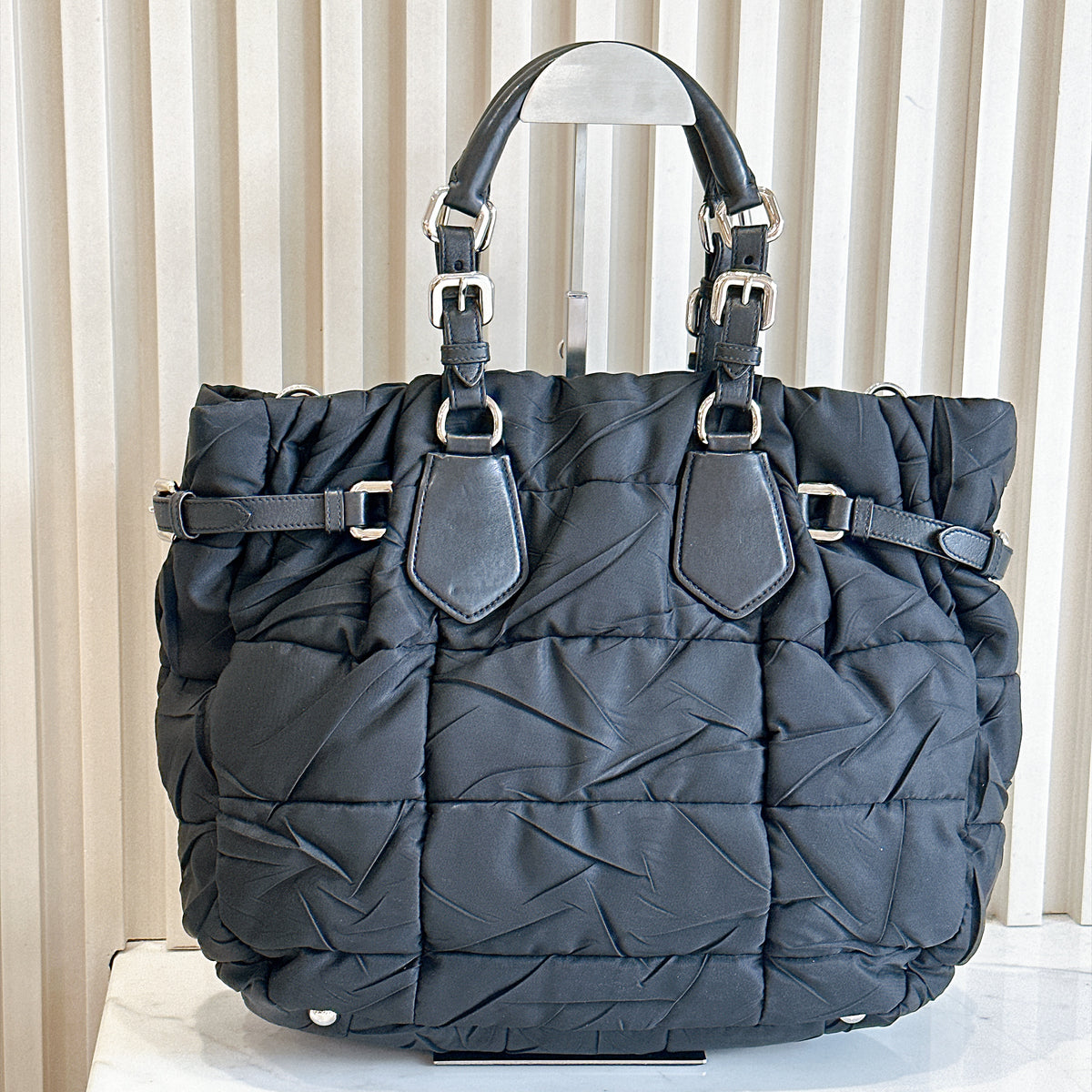 Prada Crispy Nylon Metal Shopping Tote In Black