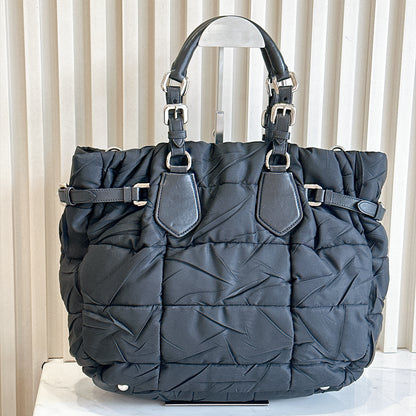 Prada Crispy Nylon Metal Shopping Tote In Black