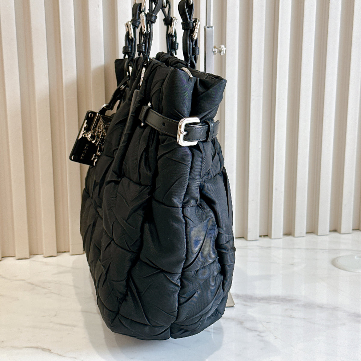 Prada Crispy Nylon Metal Shopping Tote In Black