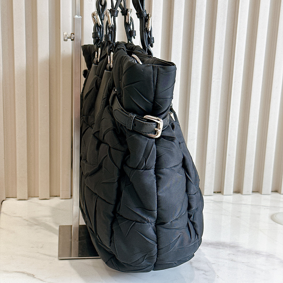 Prada Crispy Nylon Metal Shopping Tote In Black