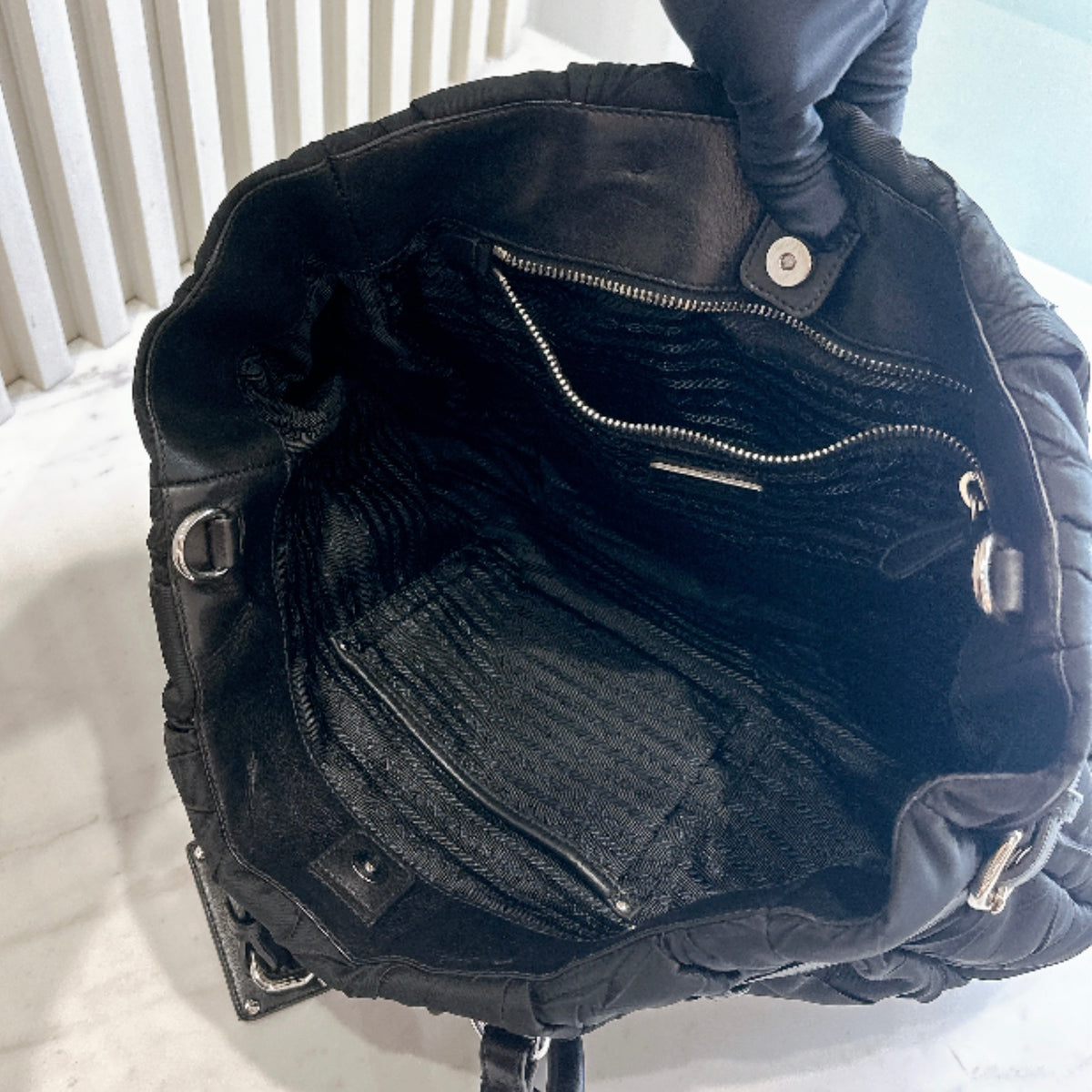 Prada Crispy Nylon Metal Shopping Tote In Black