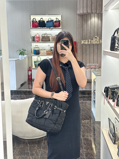 Prada Crispy Nylon Metal Shopping Tote In Black