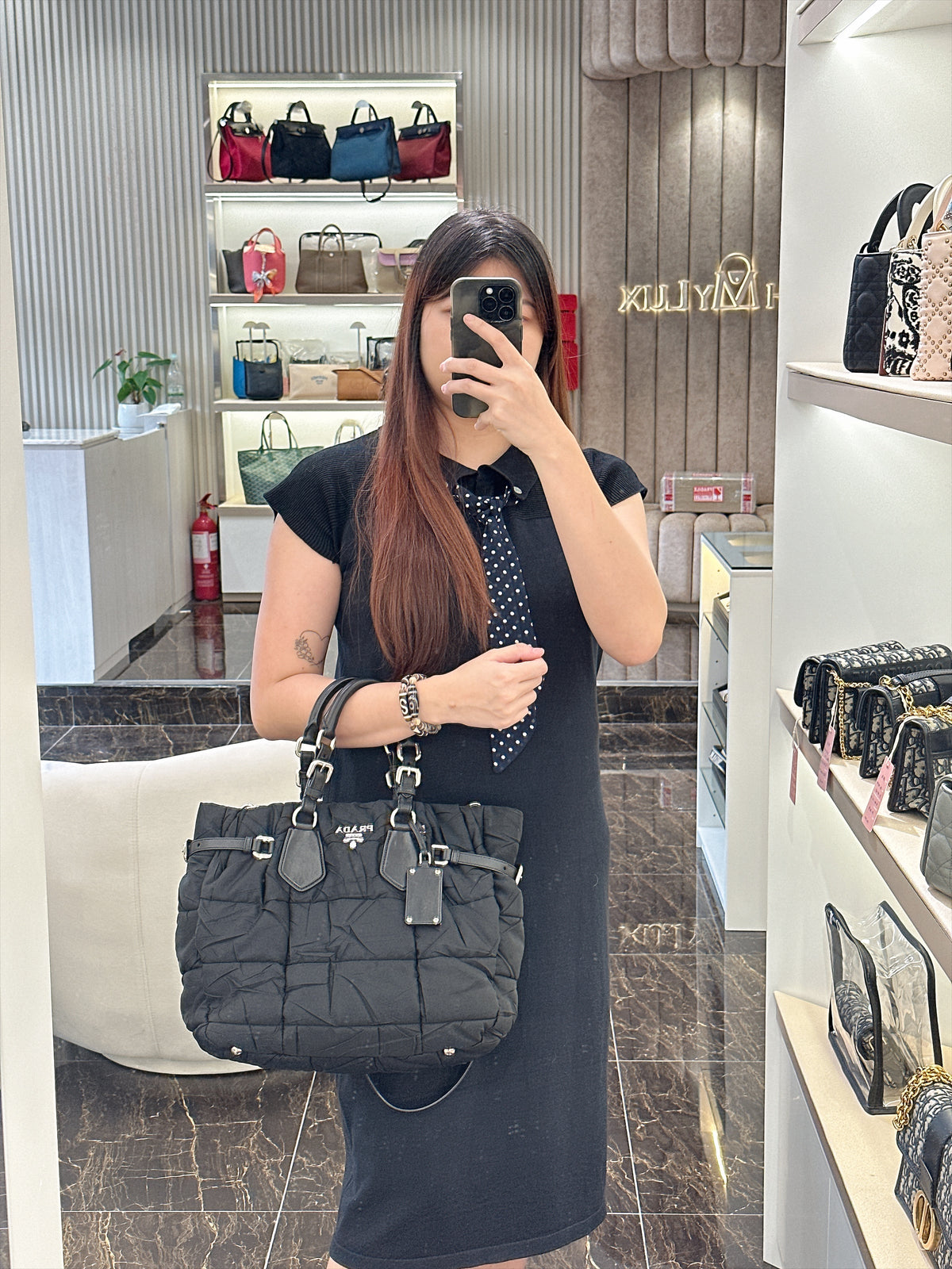 Prada Crispy Nylon Metal Shopping Tote In Black