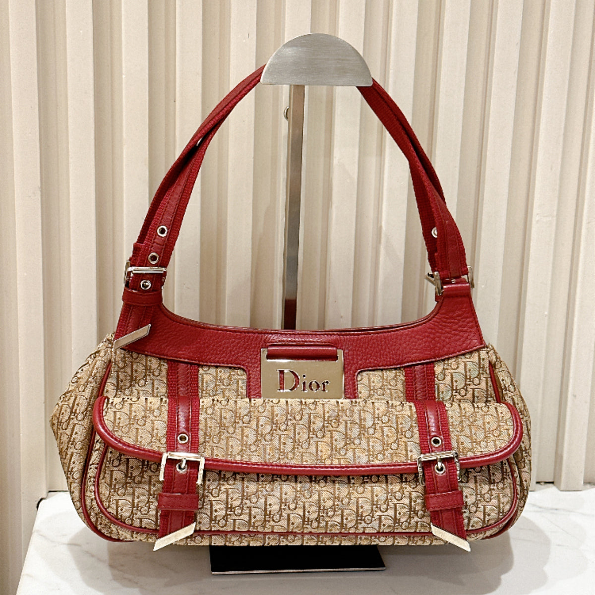 Dior Monogram Columbus Pocket Shoulder Bag in Beige / Red