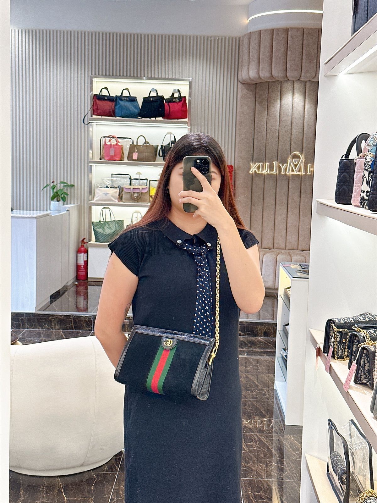 Gucci Suede Patent Ophidia Chain Bag Black