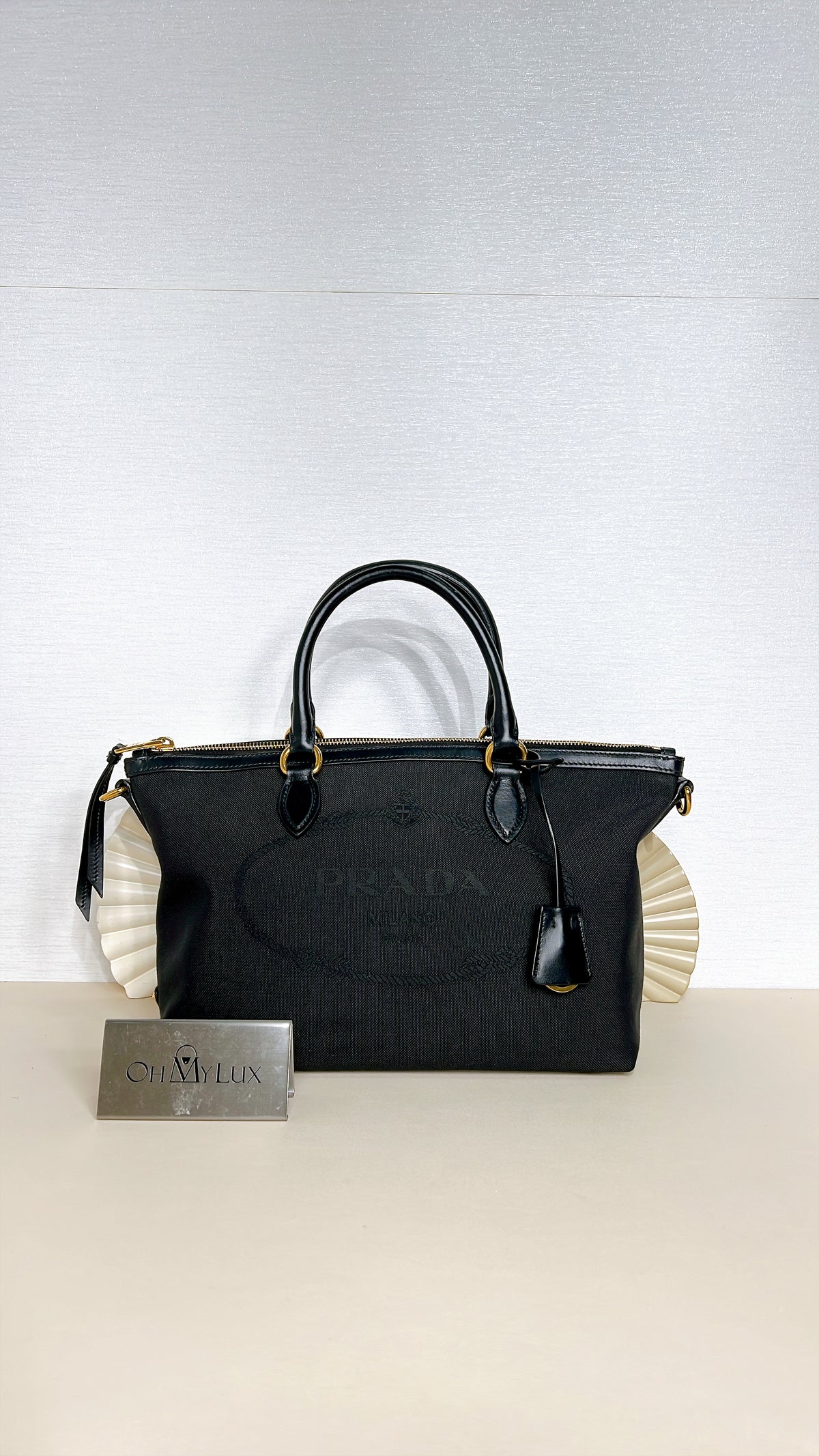 Prada Logo Jacquard Black Canvas Satchel Tote