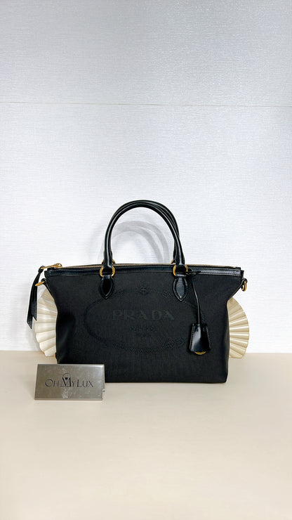 Prada Logo Jacquard Black Canvas Satchel Tote