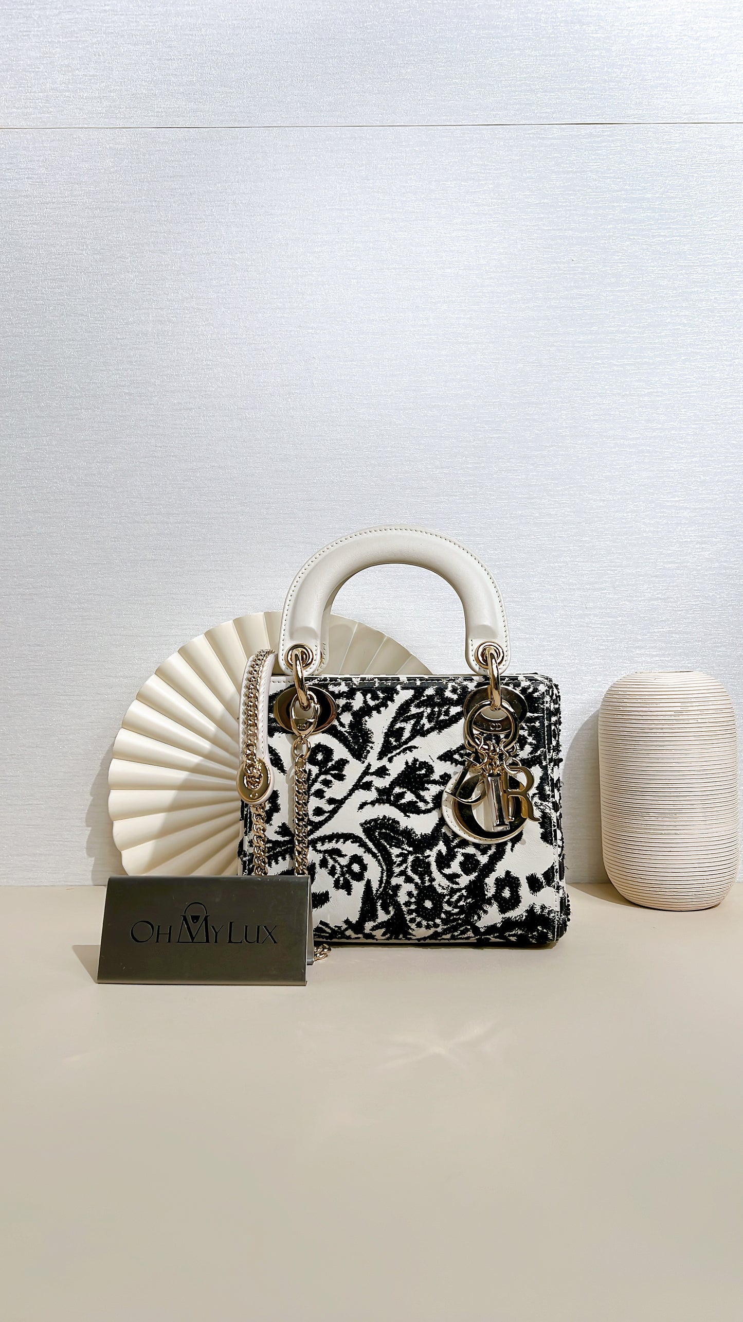 Lady Dior Mini White Leather and Black Embroidered&nbsp;