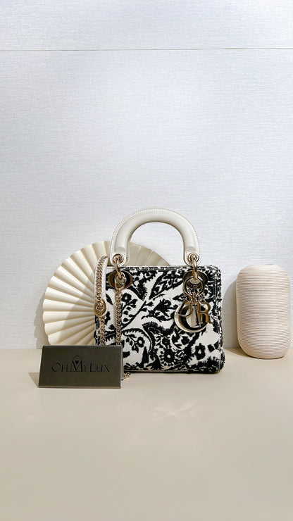 Lady Dior Mini White Leather and Black Embroidered&nbsp;