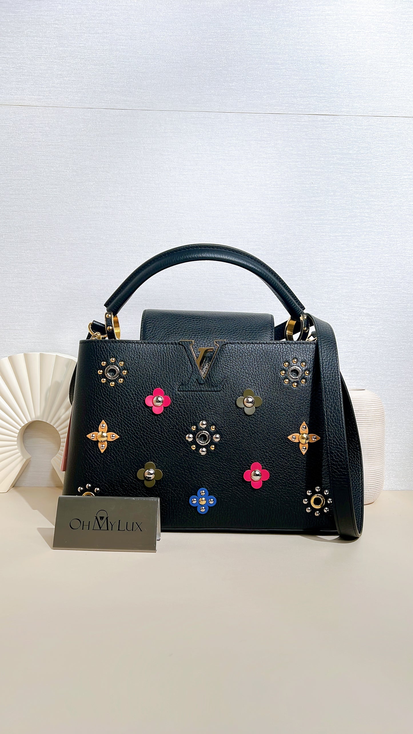 LV Mechanical Flowers Capucines MM in Black Taurillon