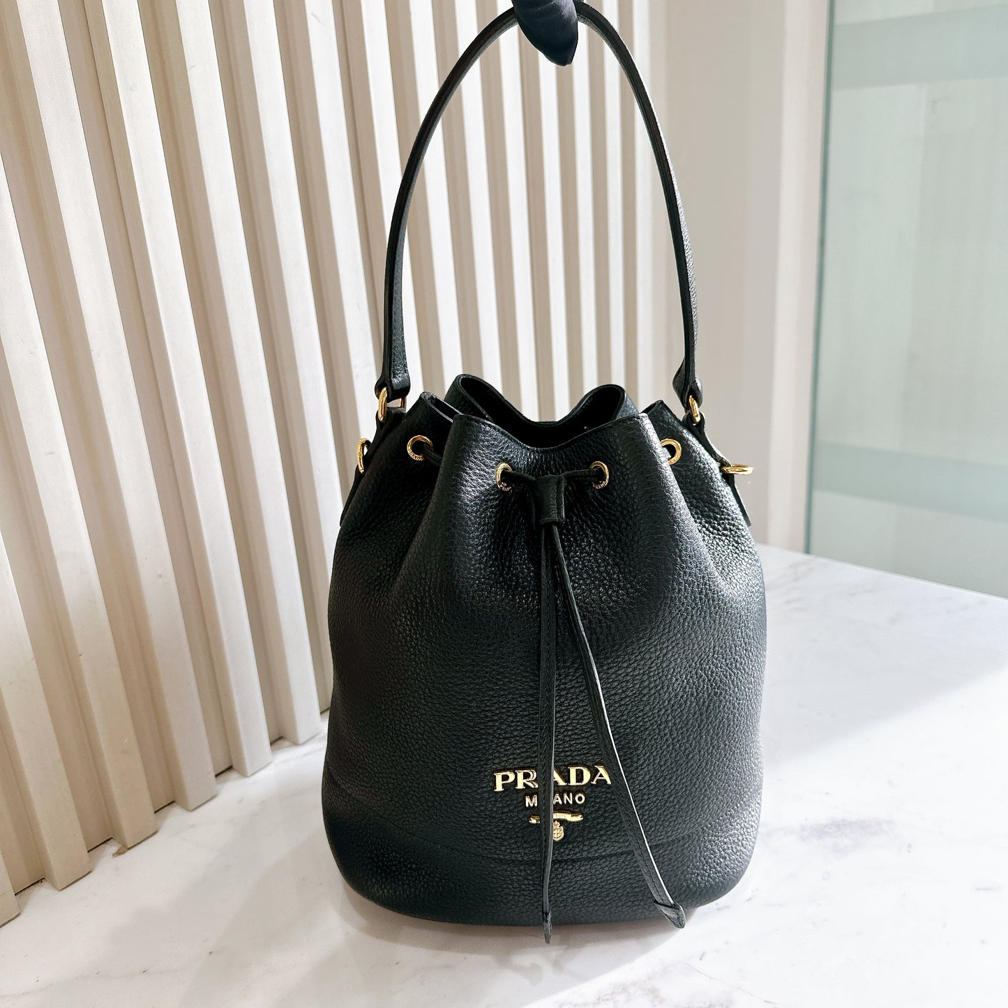 Prada Vitello Phenix Black Leather Stripe Strap Bucket Bag