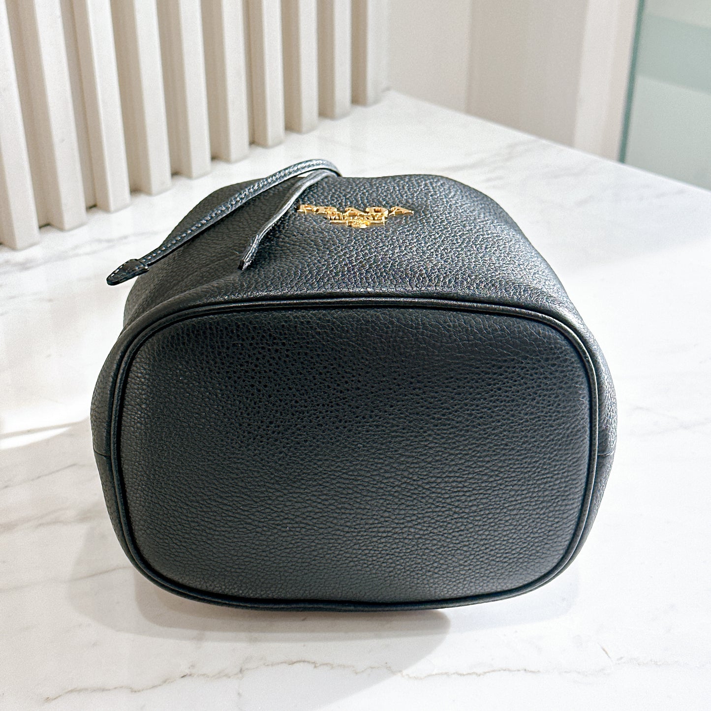 Prada Vitello Phenix Black Leather Stripe Strap Bucket Bag