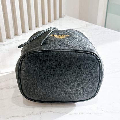 Prada Vitello Phenix Black Leather Stripe Strap Bucket Bag
