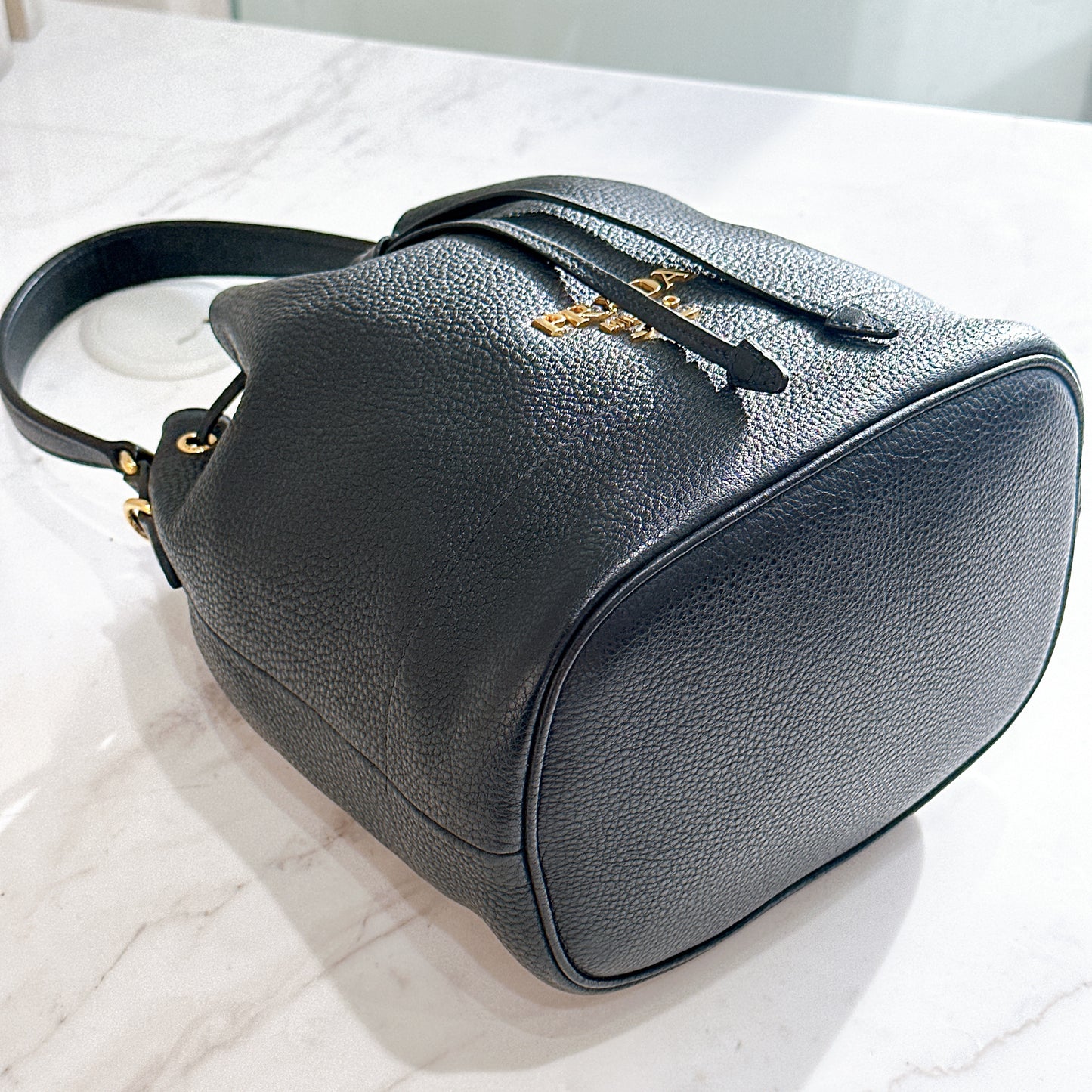 Prada Vitello Phenix Black Leather Stripe Strap Bucket Bag