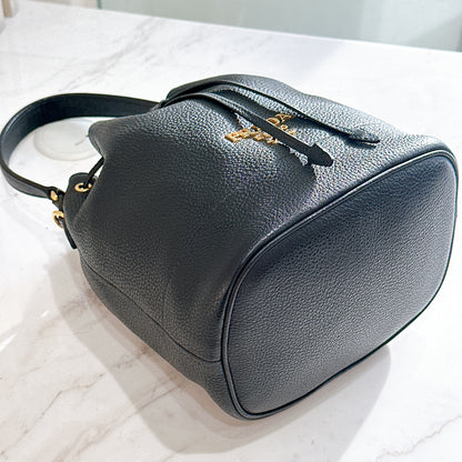 Prada Vitello Phenix Black Leather Stripe Strap Bucket Bag