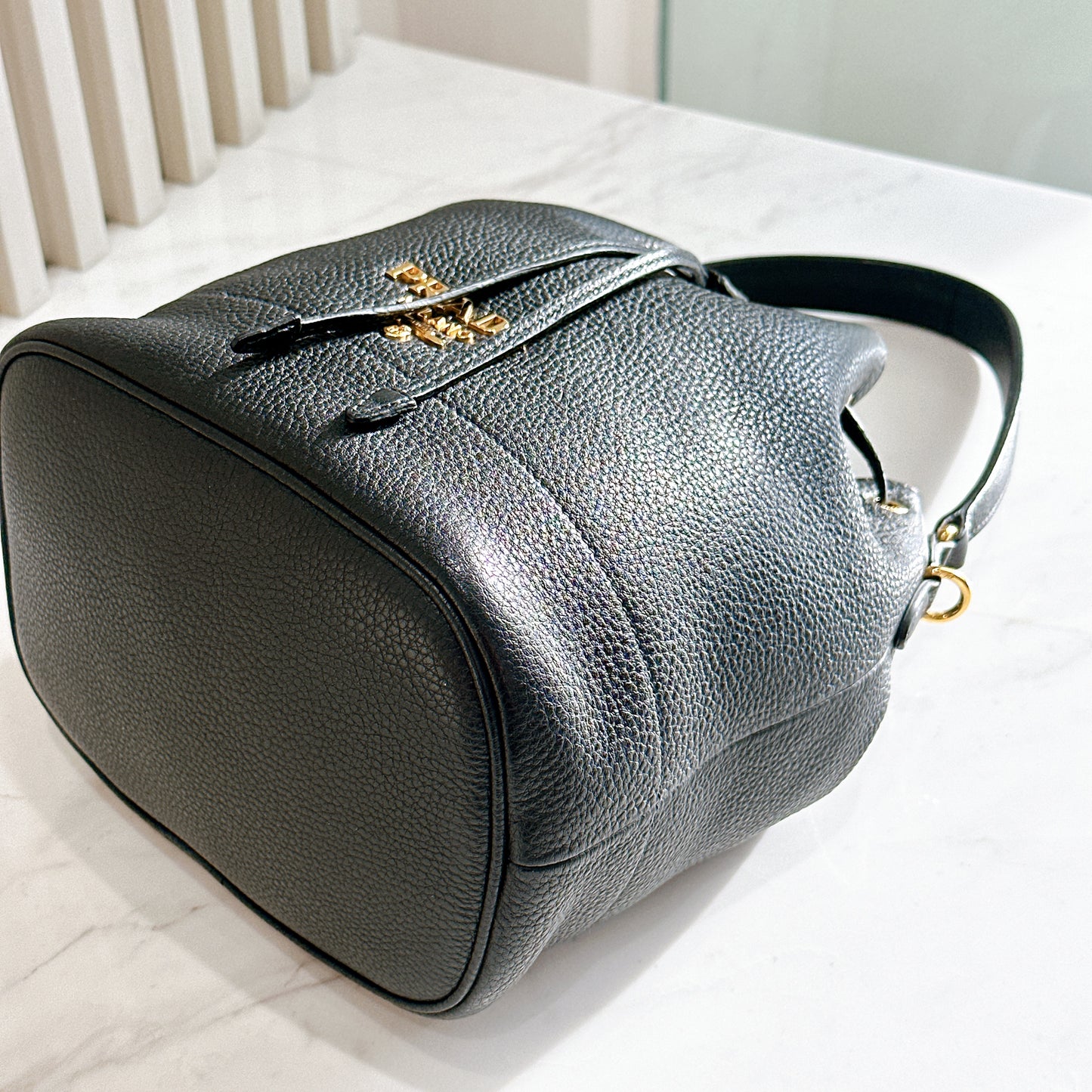 Prada Vitello Phenix Black Leather Stripe Strap Bucket Bag