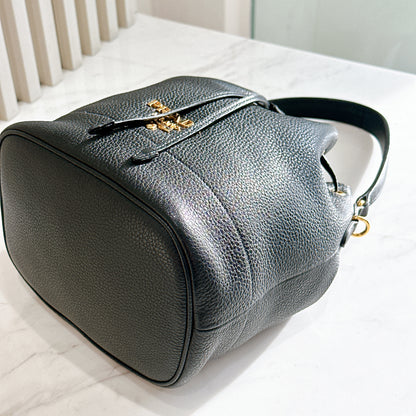 Prada Vitello Phenix Black Leather Stripe Strap Bucket Bag