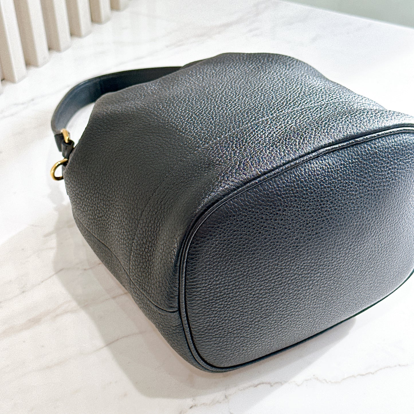 Prada Vitello Phenix Black Leather Stripe Strap Bucket Bag