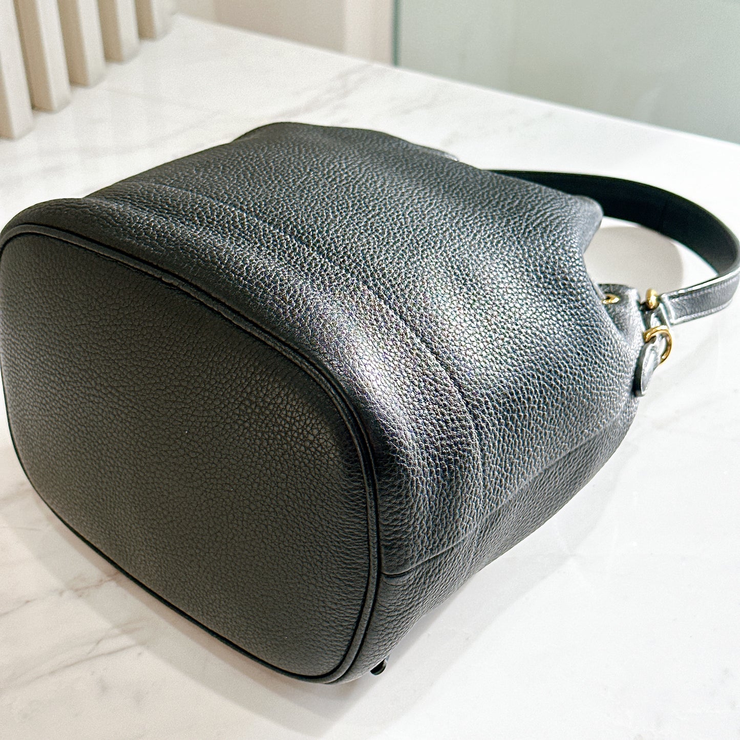 Prada Vitello Phenix Black Leather Stripe Strap Bucket Bag