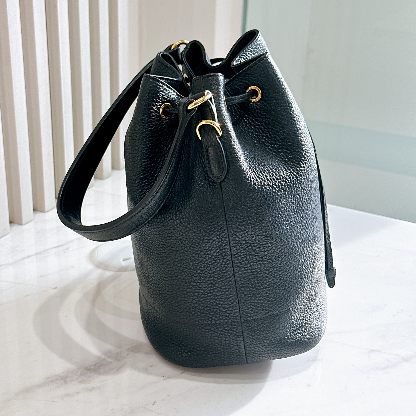 Prada Vitello Phenix Black Leather Stripe Strap Bucket Bag