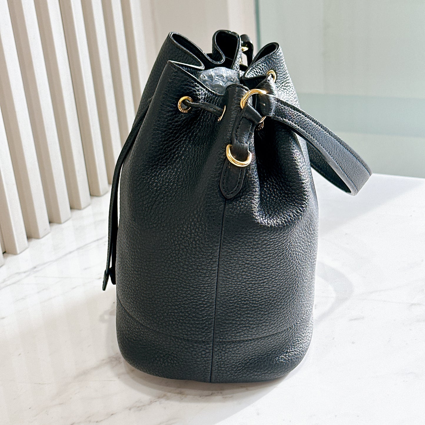 Prada Vitello Phenix Black Leather Stripe Strap Bucket Bag