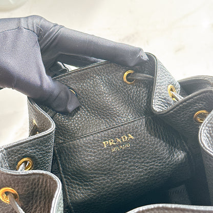 Prada Vitello Phenix Black Leather Stripe Strap Bucket Bag