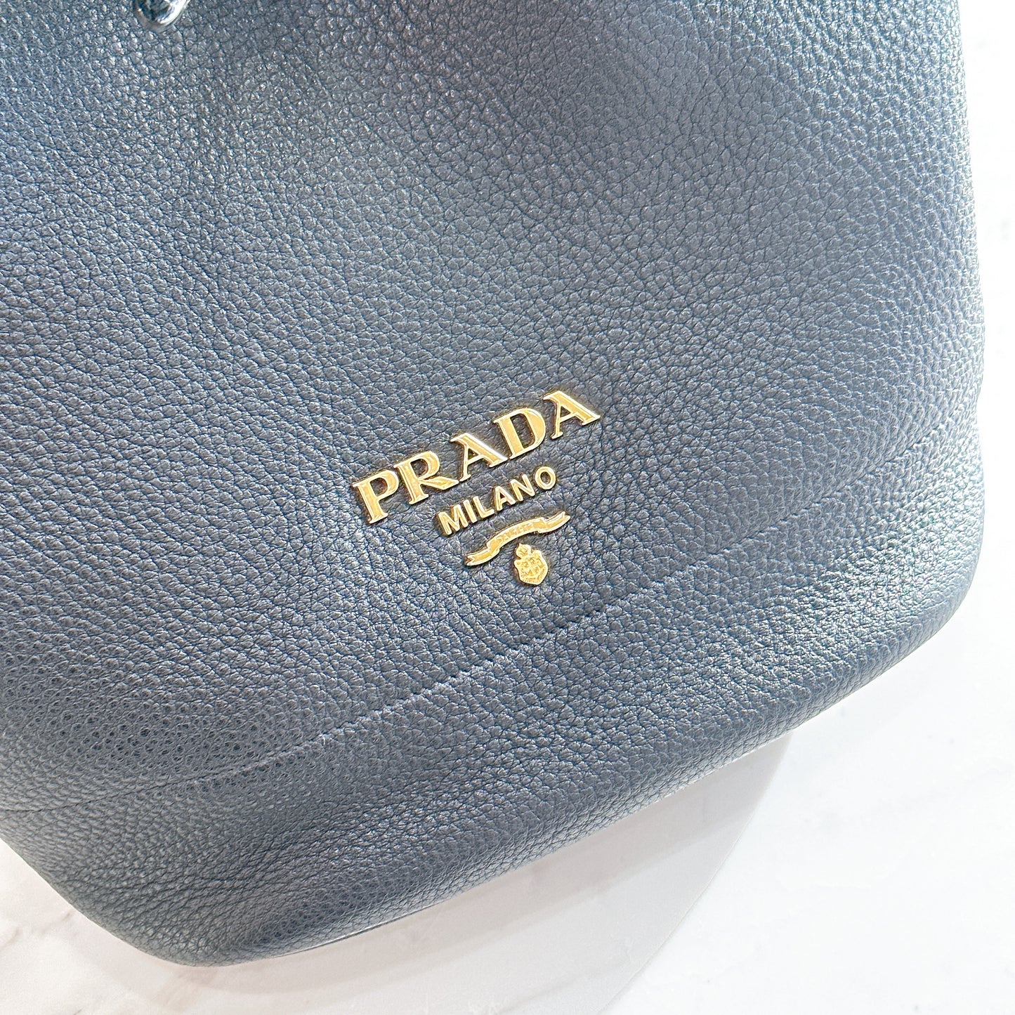 Prada Vitello Phenix Black Leather Stripe Strap Bucket Bag