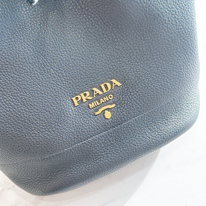 Prada Vitello Phenix Black Leather Stripe Strap Bucket Bag