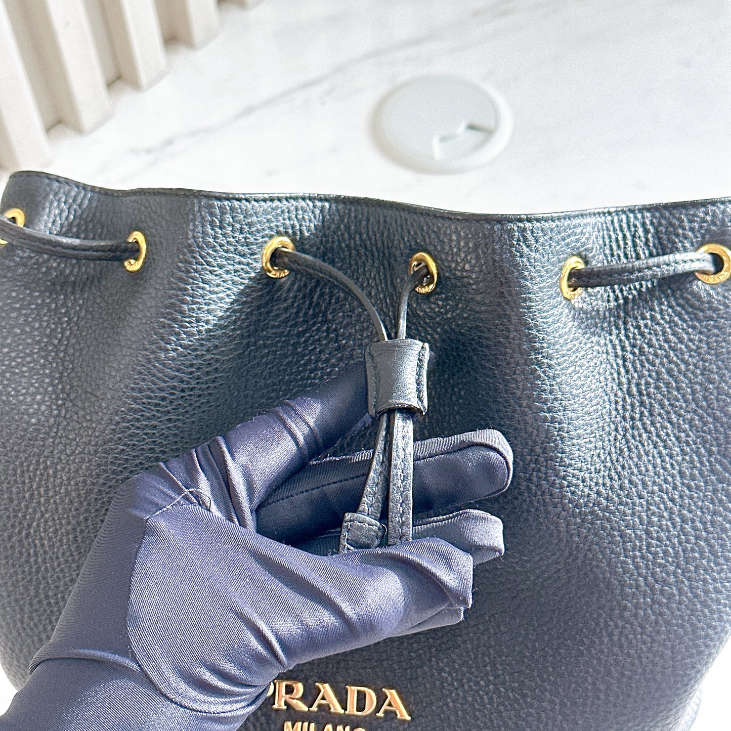 Prada Vitello Phenix Black Leather Stripe Strap Bucket Bag