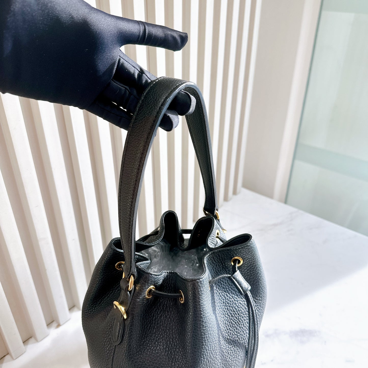 Prada Vitello Phenix Black Leather Stripe Strap Bucket Bag