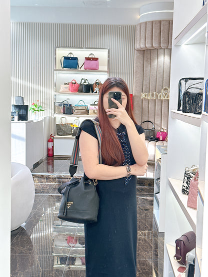 Prada Vitello Phenix Black Leather Stripe Strap Bucket Bag