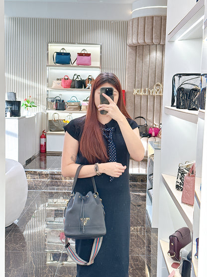 Prada Vitello Phenix Black Leather Stripe Strap Bucket Bag