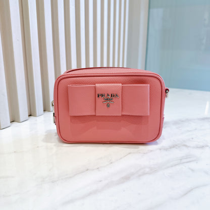 Prada Saffiano Fiocco Bow Camera Crossbody Bag in Pink